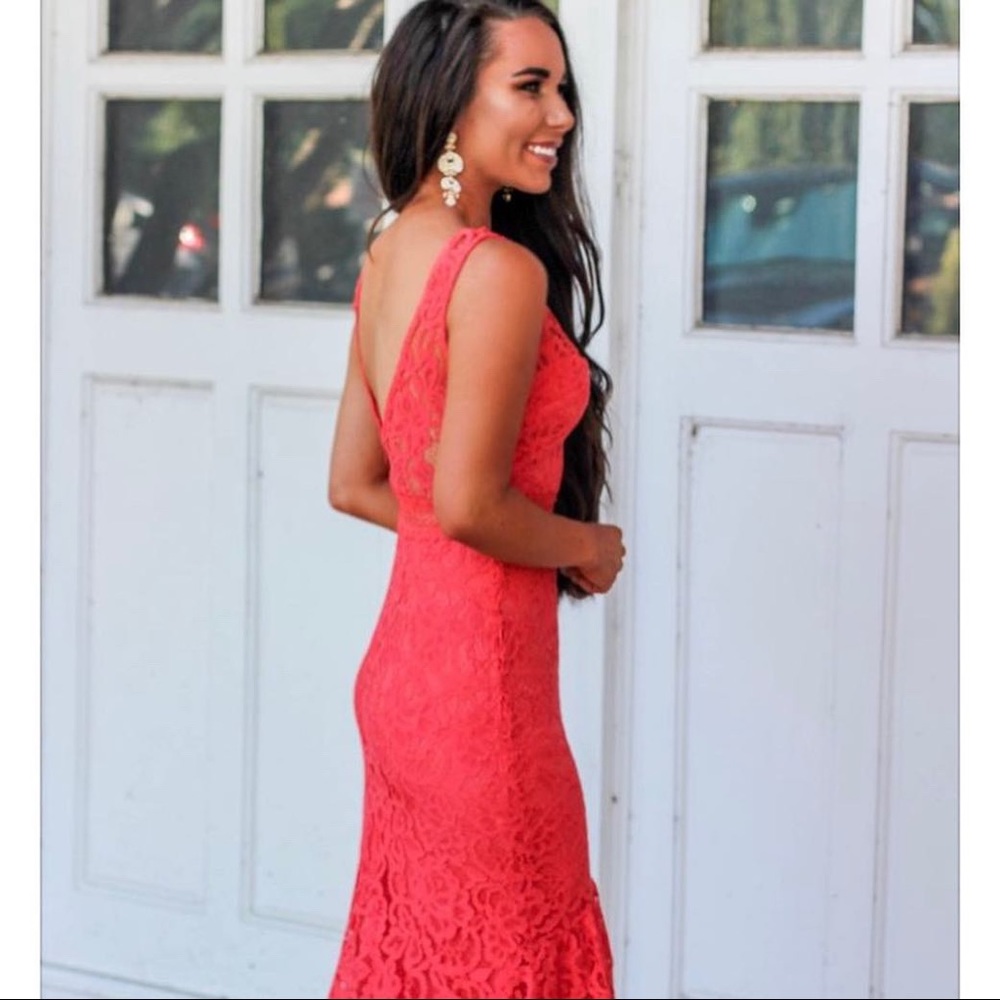 Gorgeous coral lace form fitted mermaid dress.